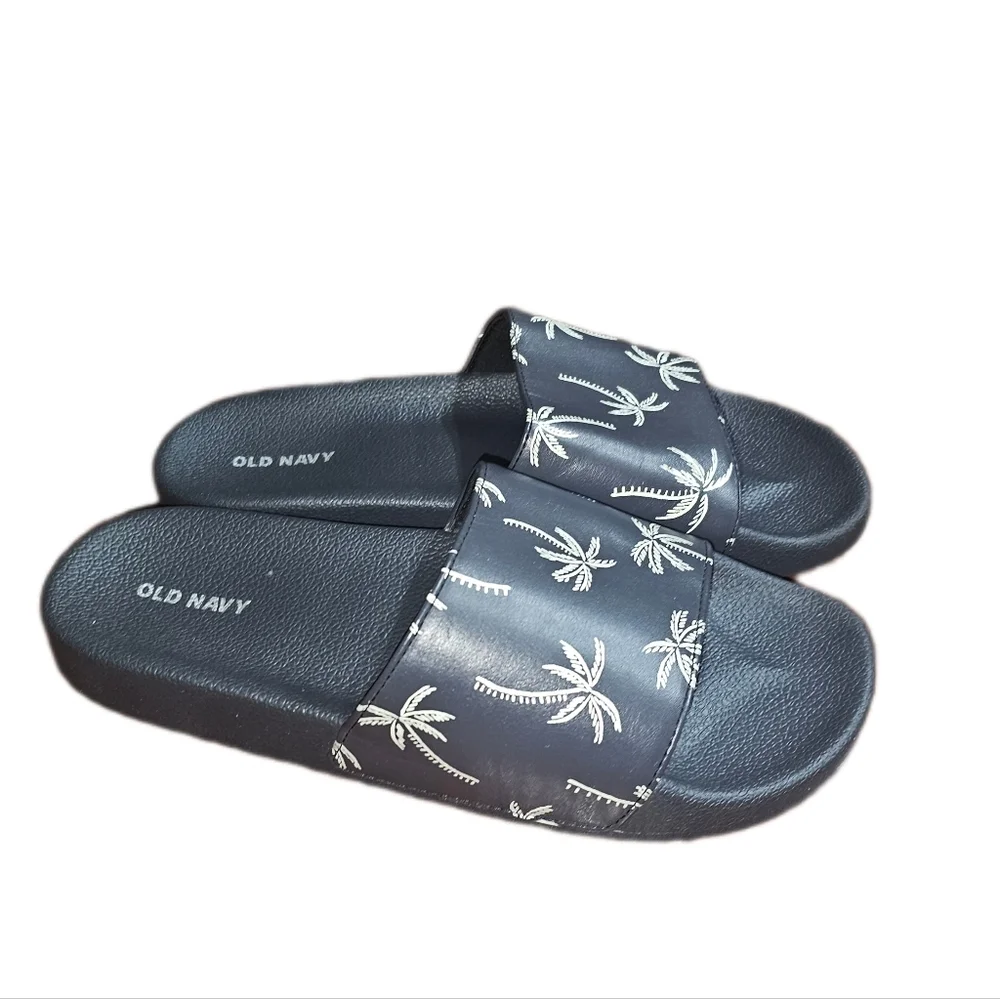 Old Navy Palm Tree Print Slides Men Size 8-9 Slip On Sandals - Midnight Blue - Picture 1 of 2